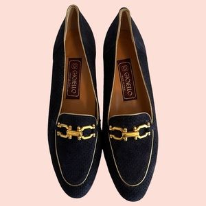 Gioiello Navy Perforated Suede Loafer with Gold Hardware 39(9) NEW